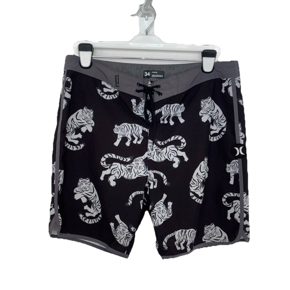 Hurley Phantom Boardshorts, Mens 34 Black w/Tiger Pattern AOP, Beach, Surfing